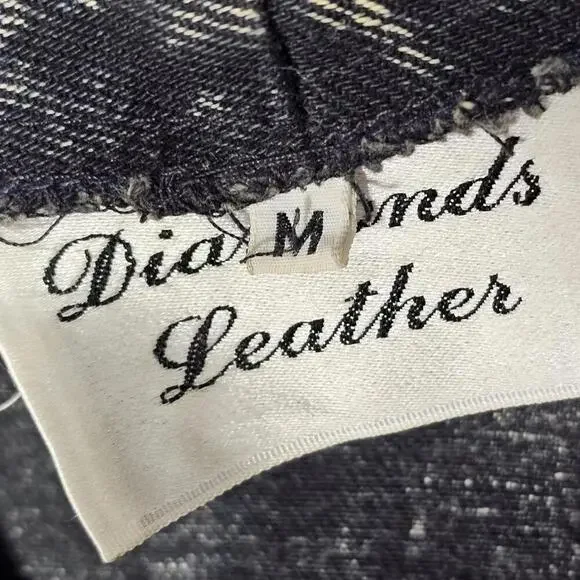 Diamonds Leather Acid Wash Embellished Denim Jean Jacket 1980s USA Size Medium - Picture 4 of 15